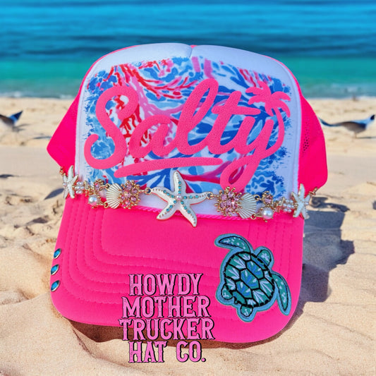 Neon Pink Salty 🌊 Trucker Hat -- 3D Puff Vinyl